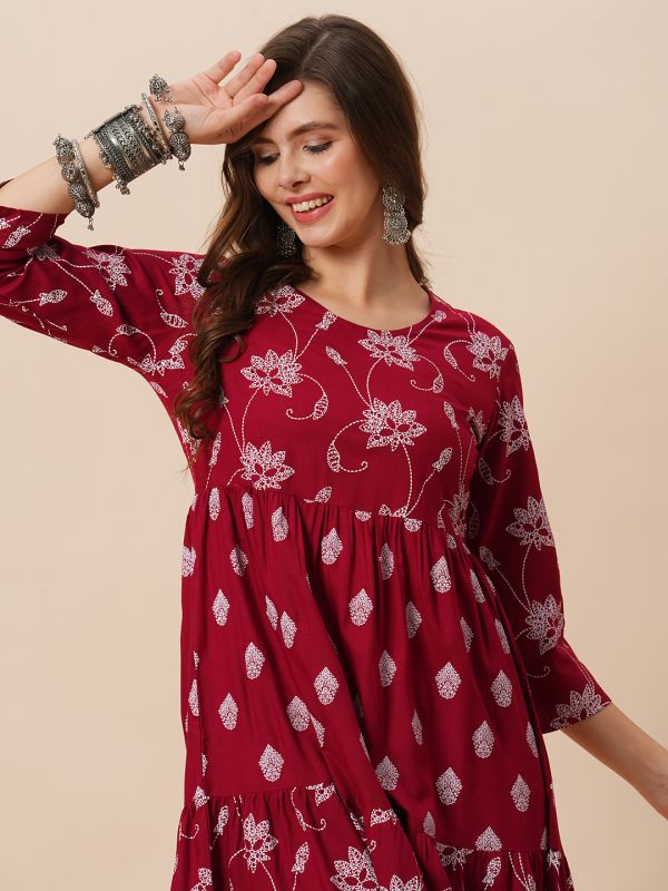 Globus Women Maroon Round Neck Floral Ethnic Print Gathered Tiered A-Line Midi Dress