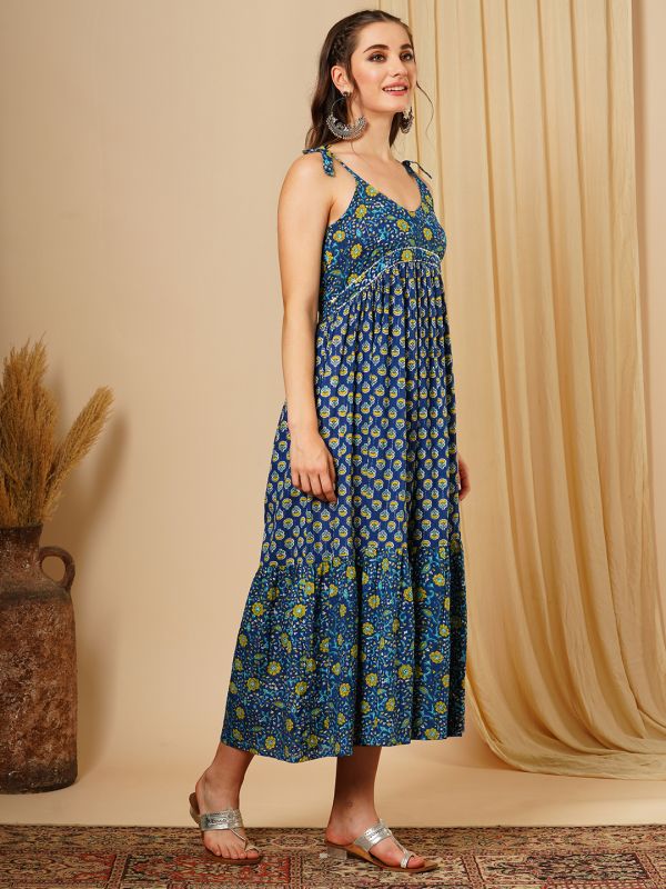 Globus Women Blue V-Neck Floral Print Tie-Up Strappy Sleeves A-Line Maxi Fusion Dress