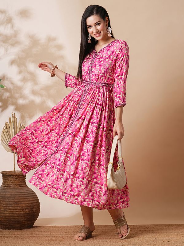 Globus Women Pink Embroidered Neckline Floral Print Front Slit A-Line Fusion Midi Dress With Belt