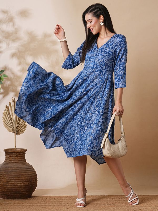 Globus Women Blue Allover Floral Printed Wrap Neck Asymmetric Hem A-Line Fusion Midi Dress