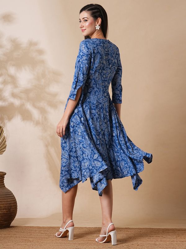 Globus Women Blue Allover Floral Printed Wrap Neck Asymmetric Hem A-Line Fusion Midi Dress