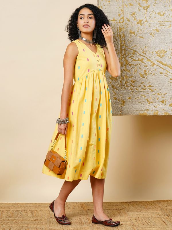 Globus Women Yellow Self Design V-Neck Gathered A-line Midi Dress