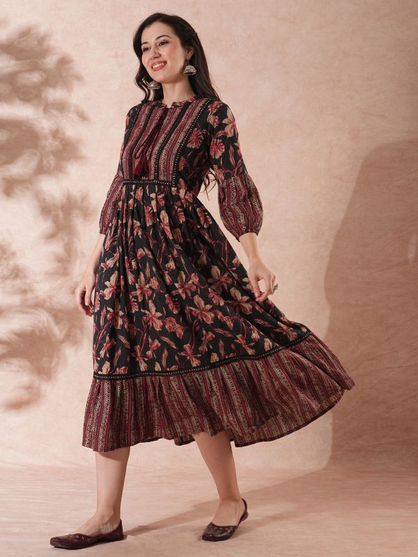 Globus Women Black Tie-Up Mandarin Neck Bishop Sleeves Floral Print Pleated Tiered A-Line Midi Fusion Dress