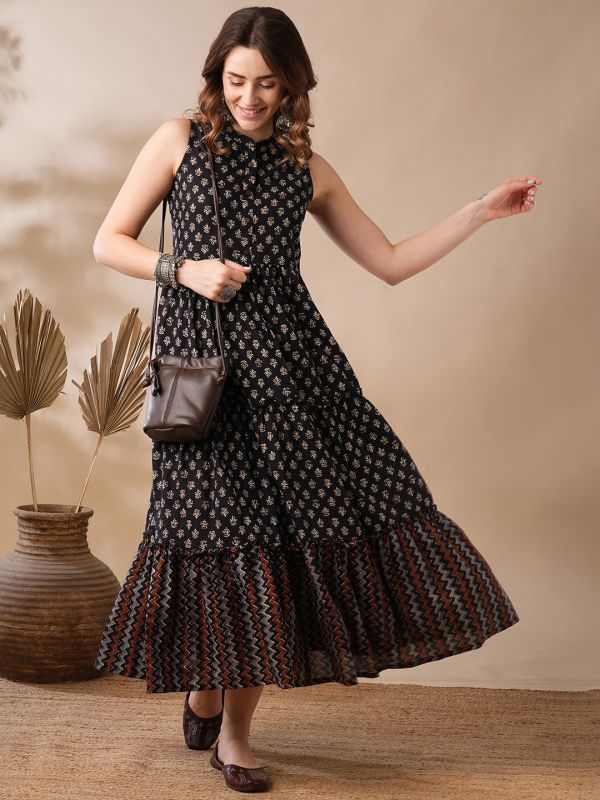 Globus Women Black Ethnic Block Print Mandarin Collar Flared Hem Tiered Maxi Fusion Dress