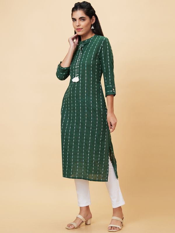 Globus Women Green Woven Design Mandarin Collar Straight Kurta