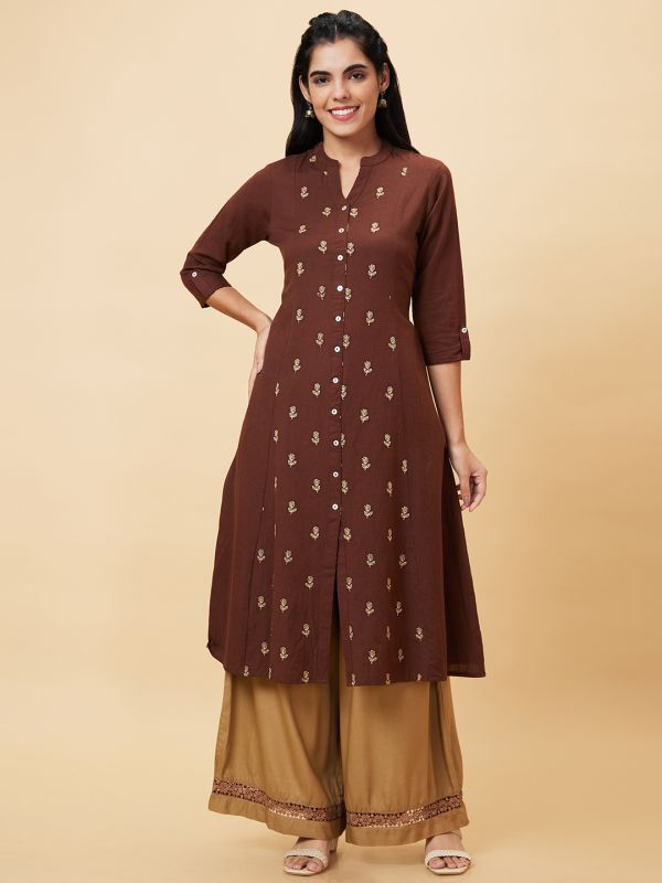 Globus Women Brown Embroidered Mandarin Collar A-Line Kurta