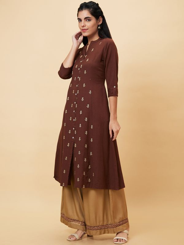 Globus Women Brown Embroidered Mandarin Collar A-Line Kurta