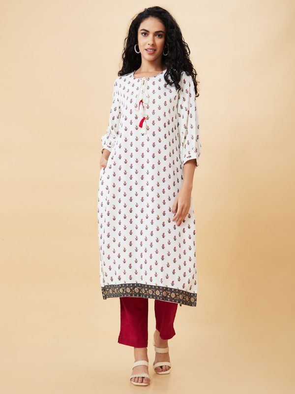 Globus Women Off White Printed Tie-Up Neck Straight Kurta