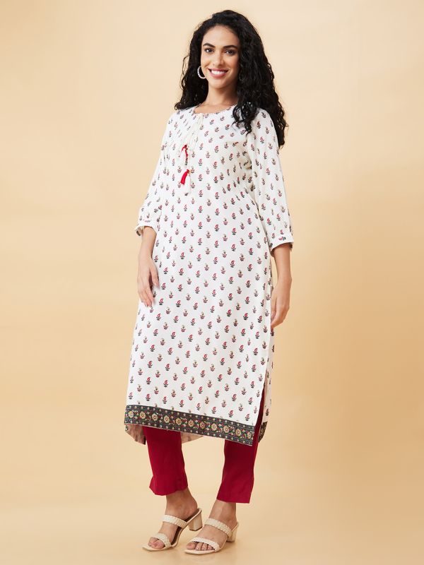 Globus Women Off White Printed Tie-Up Neck Straight Kurta