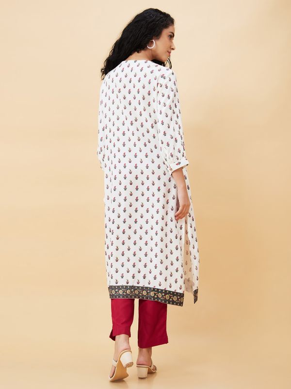 Globus Women Off White Printed Tie-Up Neck Straight Kurta