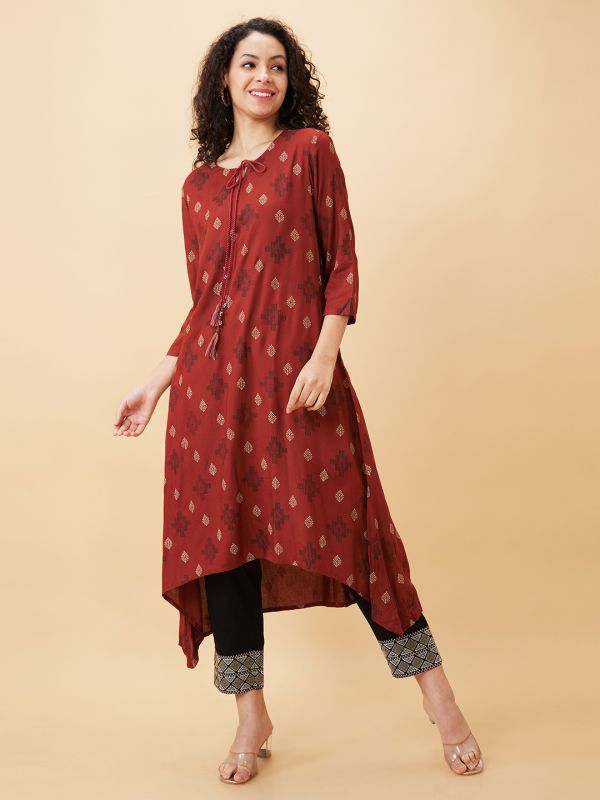 Globus Women Rust Printed Tie-Up Neck A-Line Kurta