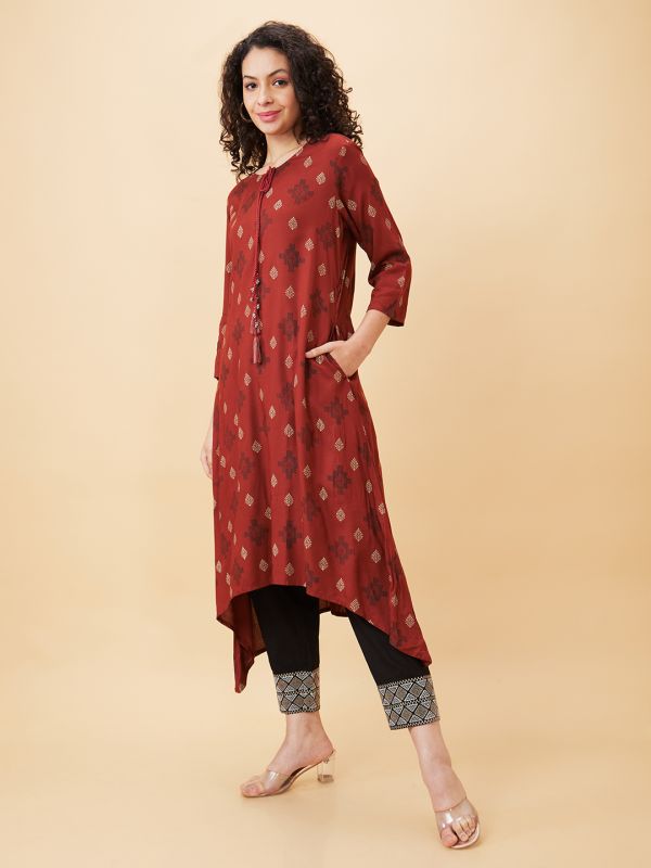 Globus Women Rust Printed Tie-Up Neck A-Line Kurta