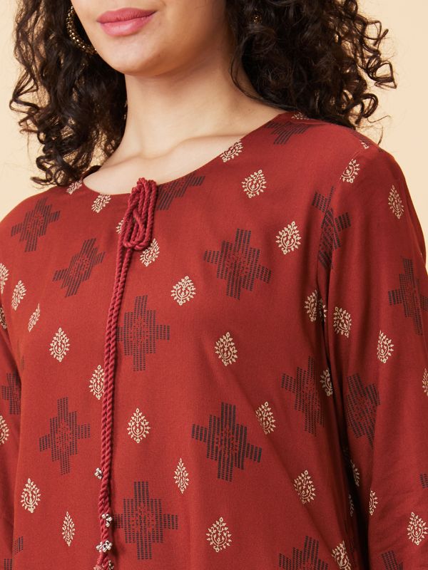 Globus Women Rust Printed Tie-Up Neck A-Line Kurta