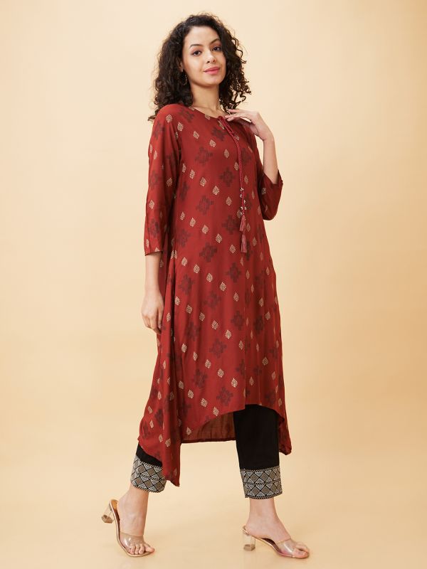 Globus Women Rust Printed Tie-Up Neck A-Line Kurta