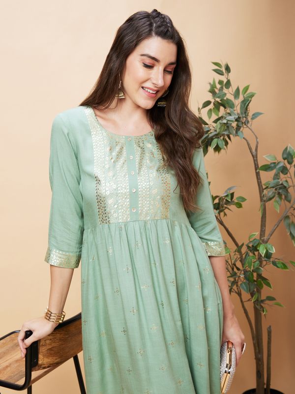 Globus Women Green Ethnic Motifs Gold Print Round Neck A-Line Kurta