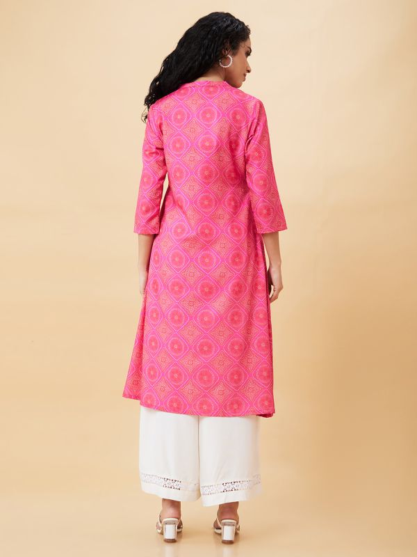 Globus Women Pink Printed Mandarin Collar A-Line Kurta