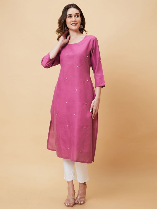 Globus Women Mauve Solid Allover Abla Embroidery Straight Kurta