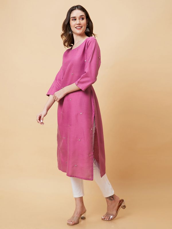 Globus Women Mauve Solid Allover Abla Embroidery Straight Kurta