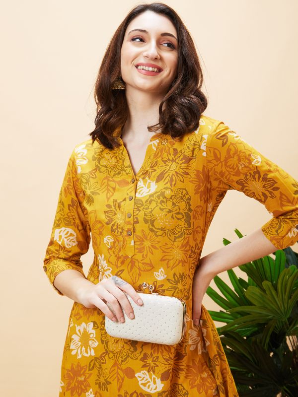 Globus Women Yellow Floral Print Mandarin Collar A-Line Kurta