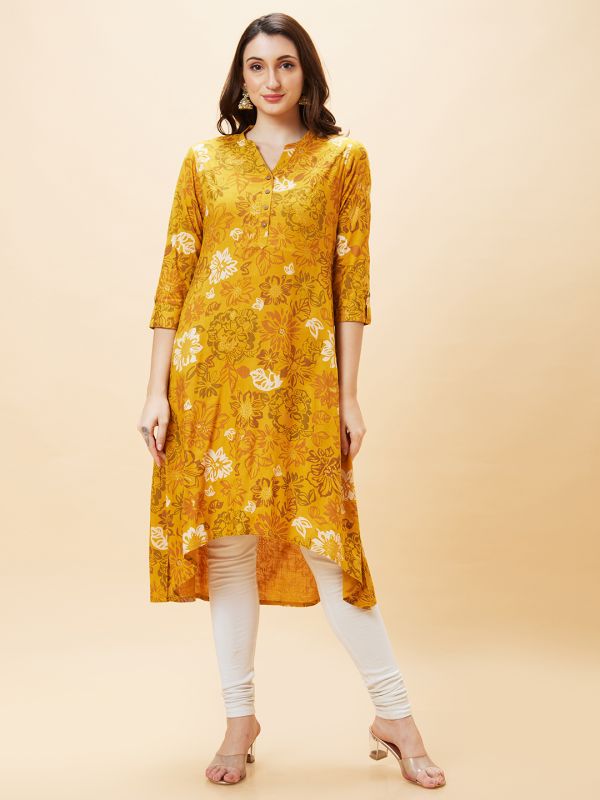 Globus Women Yellow Floral Print Mandarin Collar A-Line Kurta