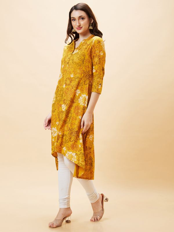 Globus Women Yellow Floral Print Mandarin Collar A-Line Kurta