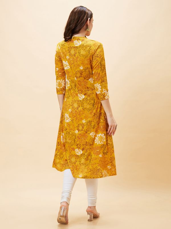 Globus Women Yellow Floral Print Mandarin Collar A-Line Kurta