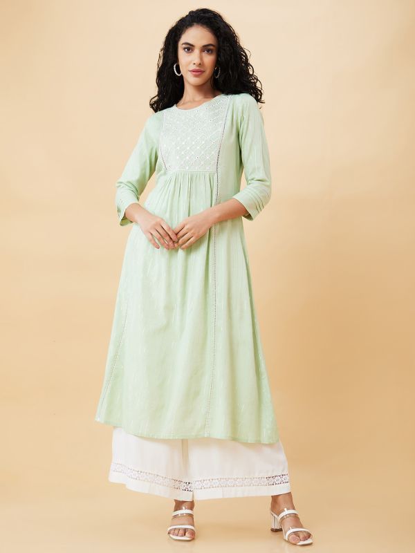 Globus Women Green Embroidered Round Neck A-Line Kurta