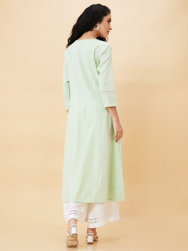 Globus Women Green Embroidered Round Neck A-Line Kurta