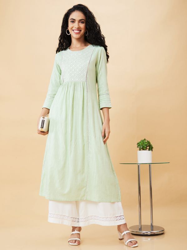 Globus Women Green Embroidered Round Neck A-Line Kurta