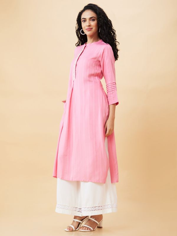 Globus Women Pink Solid Mandarin Collar Straight Kurta