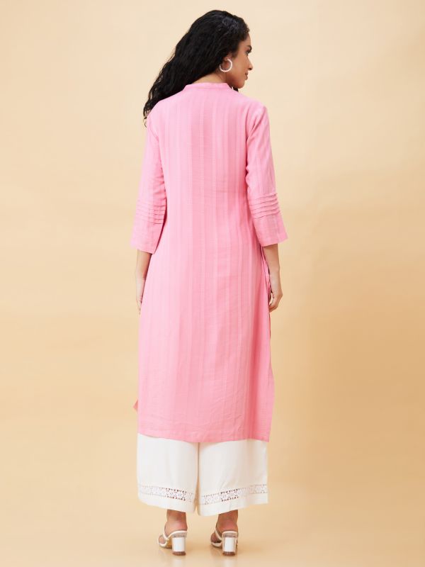 Globus Women Pink Solid Mandarin Collar Straight Kurta