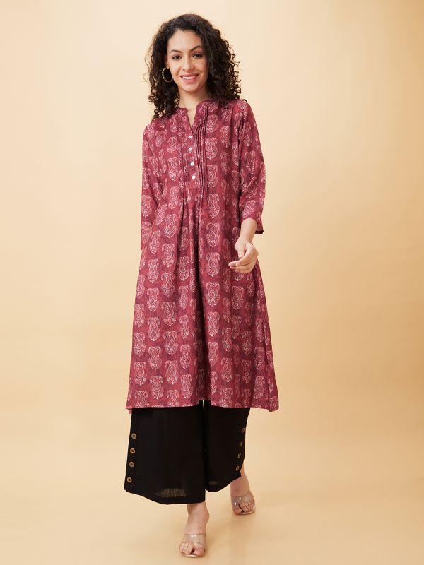 Globus Women Maroon Printed Mandarin Collar A-Line Kurta