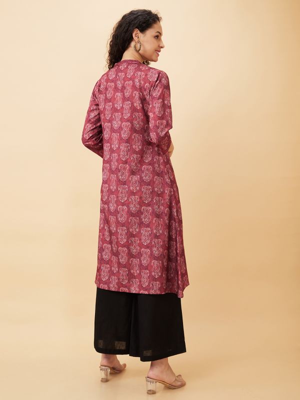 Globus Women Maroon Printed Mandarin Collar A-Line Kurta