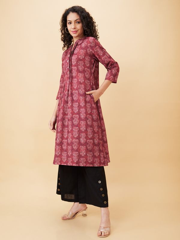 Globus Women Maroon Printed Mandarin Collar A-Line Kurta