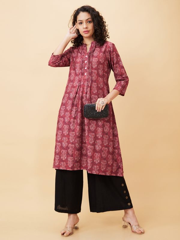 Globus Women Maroon Printed Mandarin Collar A-Line Kurta