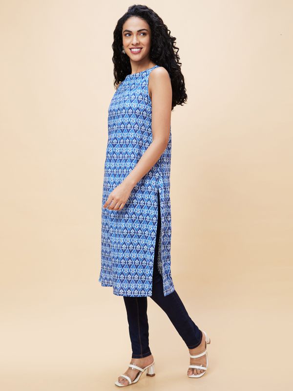 Globus Women Indigo Ethnic Motifs Print Boat Neck Button Detailing Sleeveless Fusion Straight Kurta