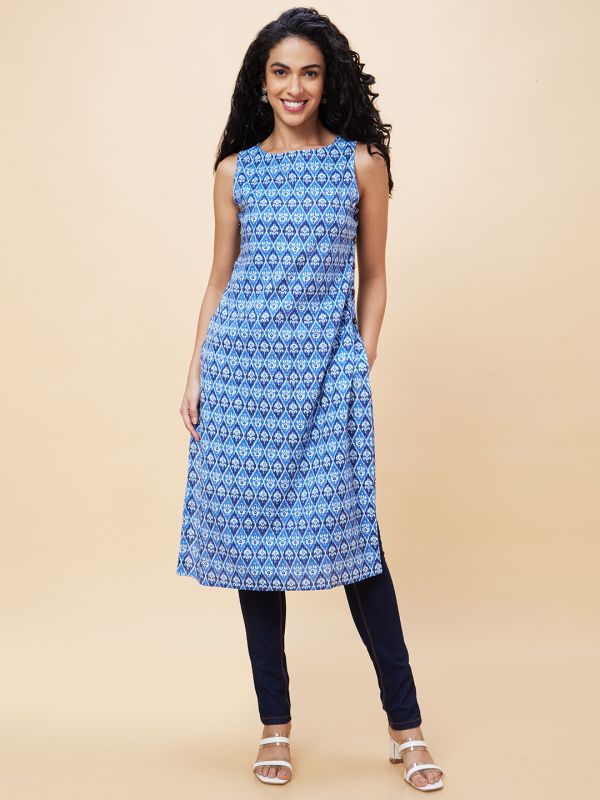 Globus Women Indigo Ethnic Motifs Print Boat Neck Button Detailing Sleeveless Fusion Straight Kurta