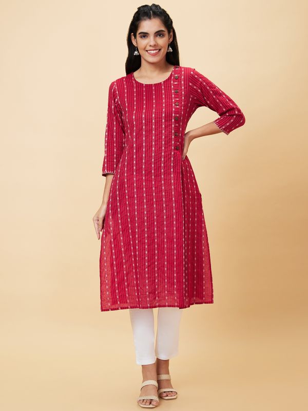 Globus Women Maroon Printed Round Neck A-Line Kurta