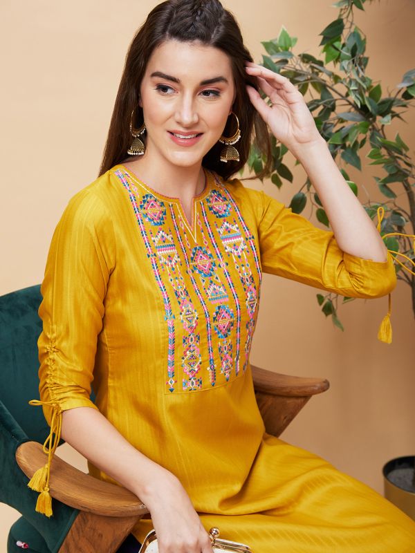 Globus Women Yellow Yoke Embroidered Poly Dobby Round Neck Straight Kurta