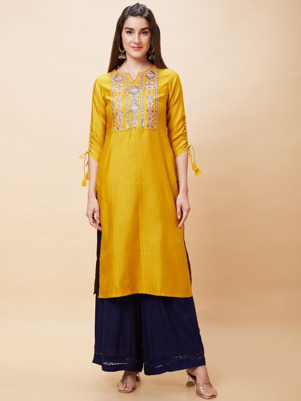 Globus Women Yellow Yoke Embroidered Poly Dobby Round Neck Straight Kurta