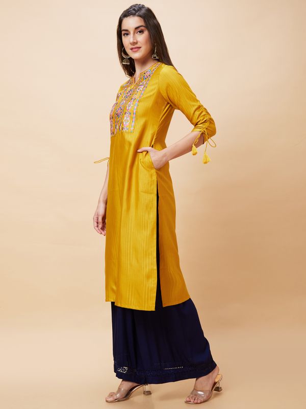 Globus Women Yellow Yoke Embroidered Poly Dobby Round Neck Straight Kurta