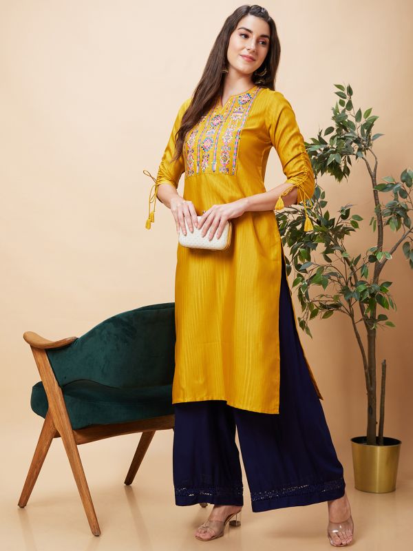 Globus Women Yellow Yoke Embroidered Poly Dobby Round Neck Straight Kurta