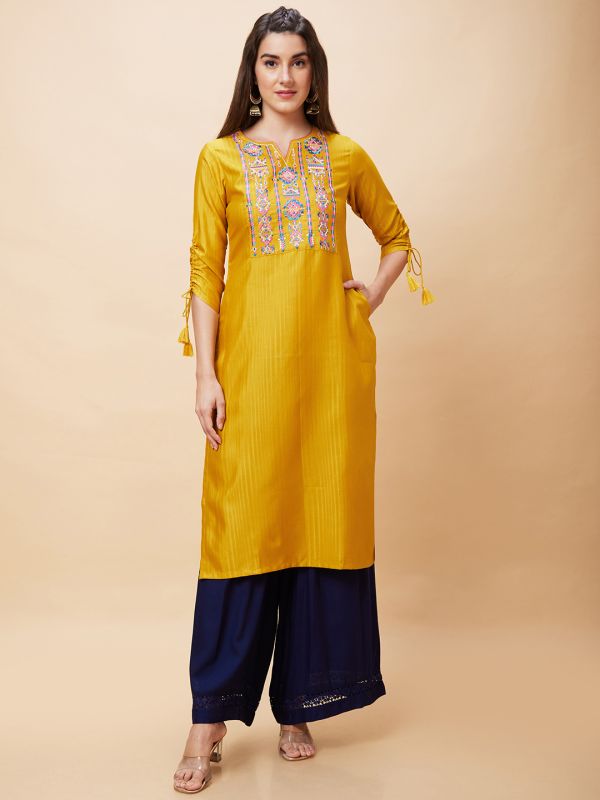 Globus Women Yellow Yoke Embroidered Poly Dobby Round Neck Straight Kurta