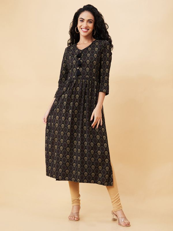 Globus Women Black Printed V-Neck A-Line Kurta