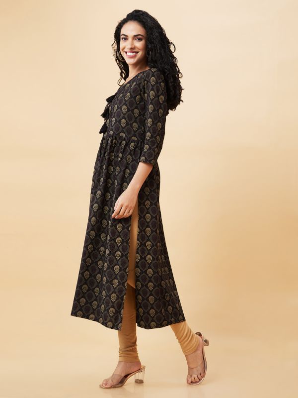 Globus Women Black Printed V-Neck A-Line Kurta