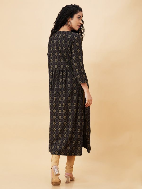 Globus Women Black Printed V-Neck A-Line Kurta