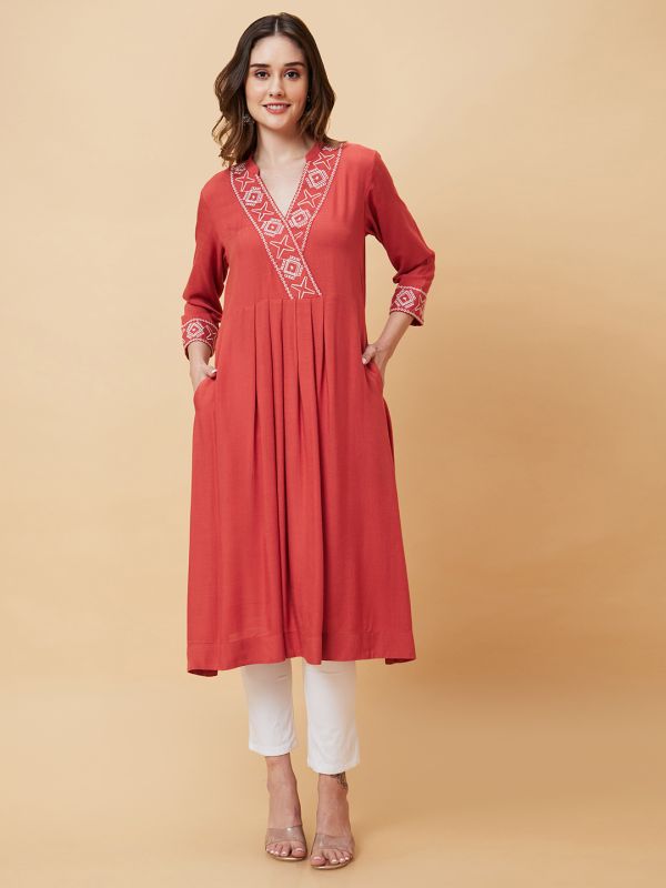 Globus Women Brown Embroidered Yoke Pleated Flared Hem A-Line Kurta