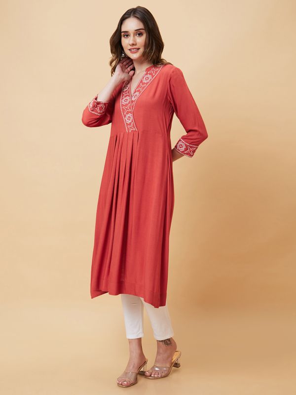 Globus Women Brown Embroidered Yoke Pleated Flared Hem A-Line Kurta