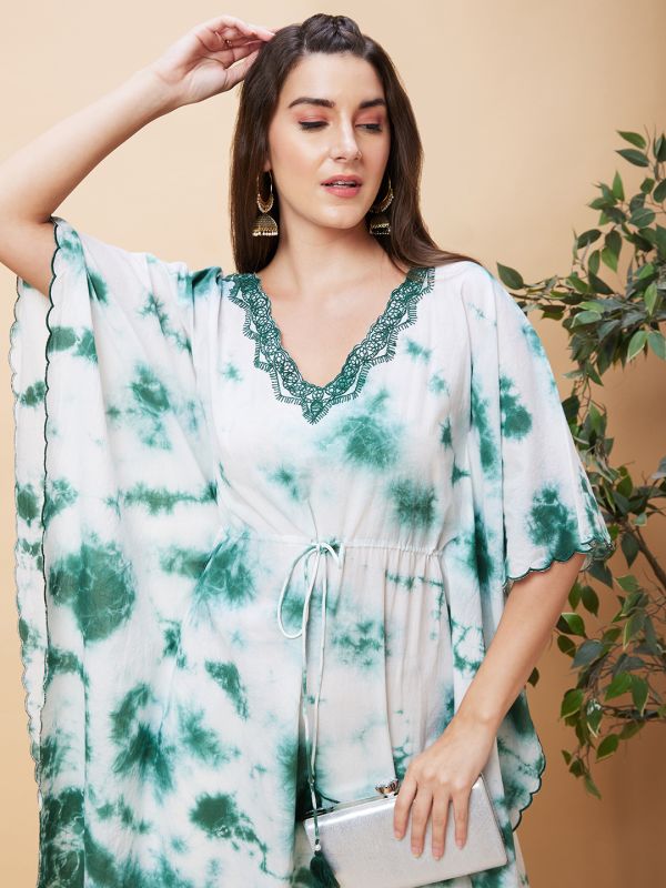 Globus Women Green Tie Dye V-Neck Fusion Kaftan Kurta