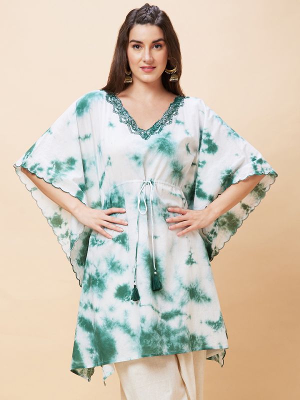 Globus Women Green Tie Dye V-Neck Fusion Kaftan Kurta